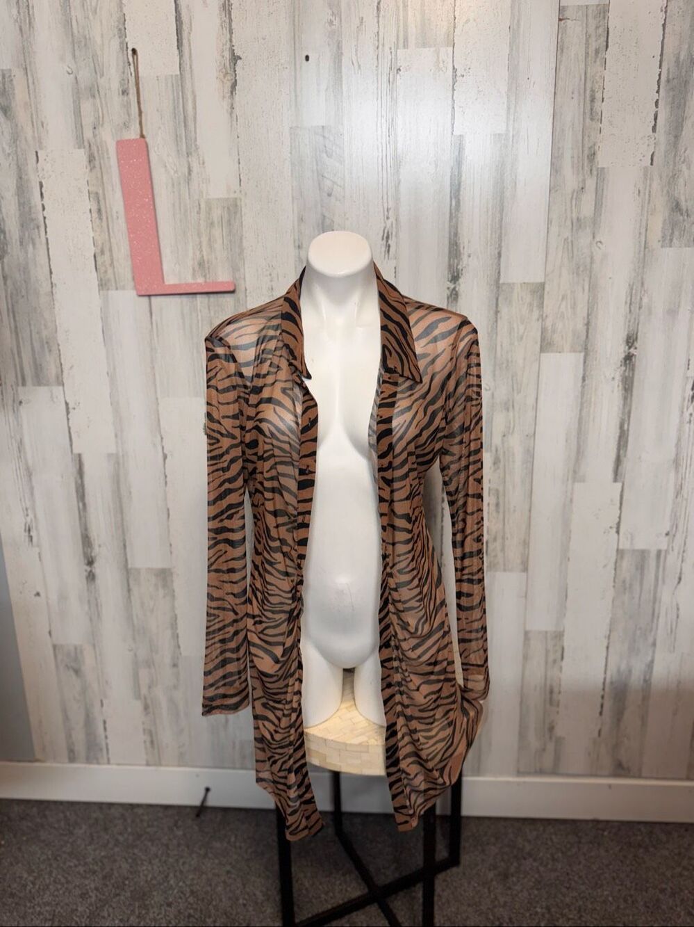 Wild Fable Tiger Zebra Striped Sheer Mesh Duster Cardigan Womens Large Brown
